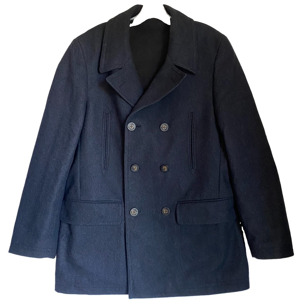 LRL Ralph Lauren Peacoat Sz 40R Gray Wool Blend Quilted Double Breasted Nautical
